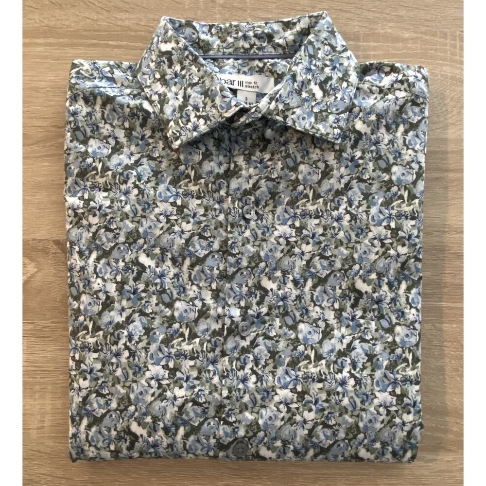 Bar III Men's Small 14-14.5 Slim Fit Dress Shirt Olive & Blue Floral Stretch NEW